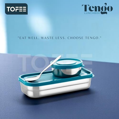 Image of TOFEE Big Stainless Steel Lunch Box for Office & School | Leak-Proof Tiffin with Small Container & Spoon | BPA-Free Airtight Lid | Compact & Durable Lunch Box for Travel (900ml) (Blue Combo)
