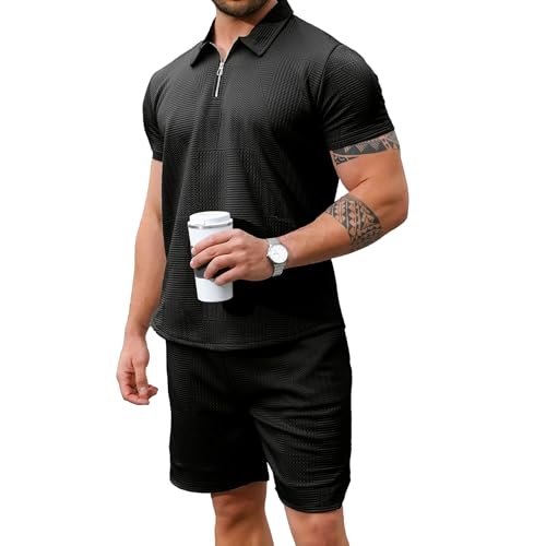GYMELITE Men's 2 Piece Short Sets Outfits Summer Polo Shirts and Shorts Casual Zip Short Sleeve Fashion Shorts Tracksuit Set2