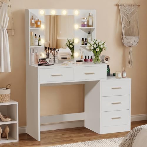 Image of Furmax Makeup Vanity Desk with Mirror and Power Outlet, Vanity with 3 Color Light Options Adjustable Brightness, Vanity Table with 5 Drawers, 6 Storage Shelves, Nightstands (White)
