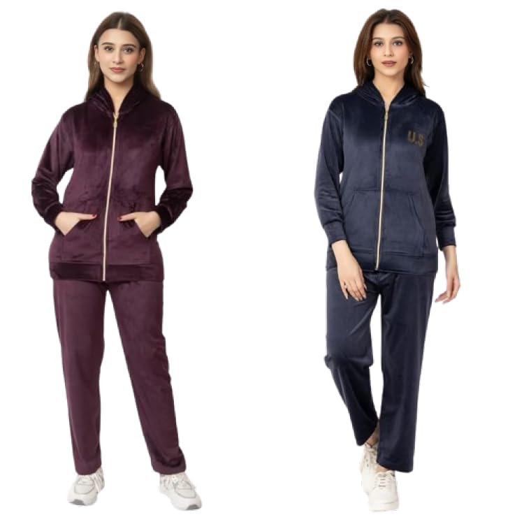 us trendz Women Velvet Super Soft Solid Night Suits/Tracksuit, Jacket with Hood & Payjama Combo Pack of 2-picture-26