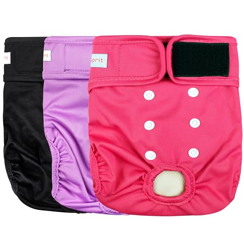 Image of Langsprit Washable Female Dog Diapers (3 Pack) - No Leak Reusable Diapers for Doggy Female in Period - Highly Absorbent Dog Heat Panties with Adjustable Snaps (Black, Pink, Purple, Small)