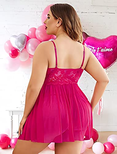 Image of Plus Size Lingerie Lace Babydoll Womens Strap Chemise Nightgown V Neck Nighty Mesh Sleepwear Side Slit Nightdress with G-Sting Panty