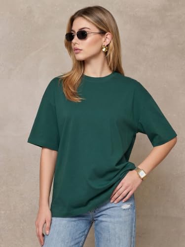 Image of JUNEBERRY Pure Cotton Oversized Baggy Fit Half Sleeve Drop Shoulder Plain Solid Round Neck T-Shirt for Women (Available in Black, White, Lilac, Cork, Maroon, Royal Blue, Swan White, Soap Nut Colors)