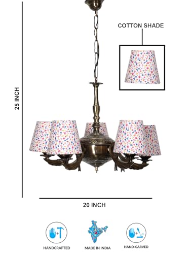 Image of Devansh 05-Light Printed Conical Multicolor Cotton Shade Chandelier - Antique Golden Finish | Adjustable Cord | Warm Glow Lamp - Ceiling Light for Living Room, Dining Area, BedroomDecor - D9