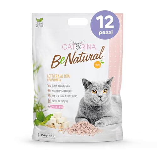 Cat&Rina lettiera vegetale per gatti al tofu da 5,5l. Si smaltisce nell'organico o nel wc. Sabbia anti odore, Profumazione Pesca, 12 pezzi