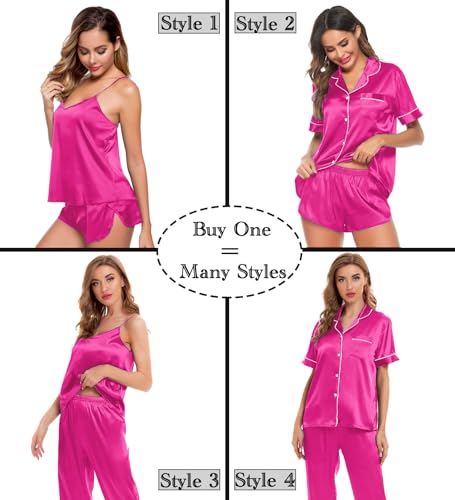 Image of SWOMOG Womens Silk Satin Pajamas Sets 4pcs Sleepwear Sexy Cami Shorts Set and Button Down Short Sleeve Pjs Loungewear