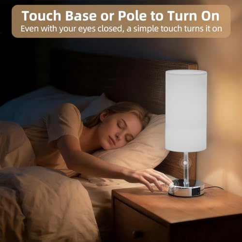 Image of Table Lamp, Dimmable Touch, AC Outlet, USB A+C (White&Silver) | 3-Way Dimmable, Small Touch Lamp with Eye-Care LED Bulb, Ideal Bright Lighting Bedside Lamps for Nightstand, Bedroom, Reading