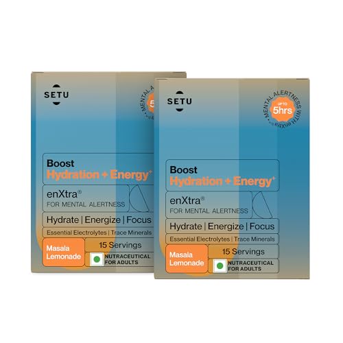 Image of Setu Boost Hydration + Energy Electrolyte Powder Sachets with No Caffeine | Enriched with enXtra | Masala Lemonade Flavor | Pack of 2 | 30 Sachets