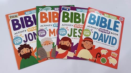 Generic Bible Activity Jonah, Moses, Jesus, David - Sticker Book Over 80 Stickers (Set of 4 Books) - Cute Animation