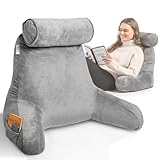 Ella Lesekissen für Bett und Sofa mit Abnehmbarer Nackenrolle - Rückenkissen Bett - Reading Pillow aus Memory Foam mit Armlehne, Ideal zum Lesen, Fernsehen, Faulenzen oder als Rückenstütze - Grau