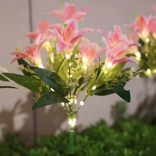 Nordreach Solar Flower Stake Lights, Solar Lights Outdoor Garden, Flower Garden Ornaments Waterproof for Lawn Pathway Patio Yard Flowerbed Backyard Decoration, Lily Flowers (Pink)