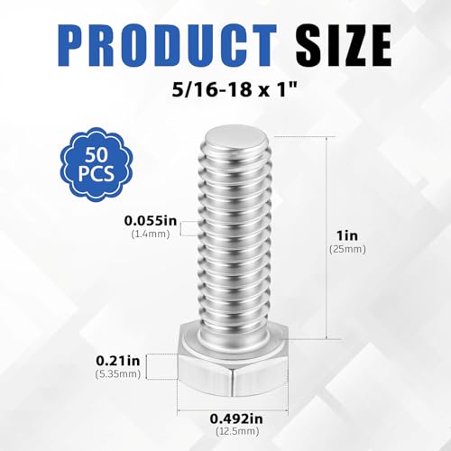 Image of Zonon 50 Pcs 5 /16-18 x 1 inch Hex Head Screw Bolt 18-8 (304) Stainless Steel Hexagon Bolts, Fully Threaded, Plain Finish, External Hex Drive (Silver)