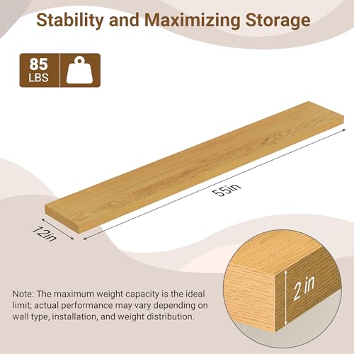 Image of 55 Inch Floating Shelves, 12 Inch Deep Floating Shelves for Wall, Extra Deeper & Thicker Wooden Wall Shelf with Invisible Brackets, Shelf for Bedroom Living Room Home Decor(Oak, Set of 2)