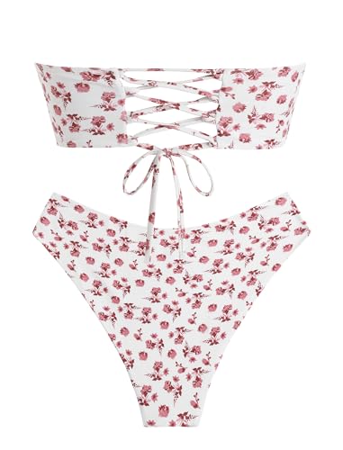 Image of ZAFUL Women's High Cut Bandeau Bikini Set Strapless Solid Color 2 Pieces Bathing Suit Swimsuit
