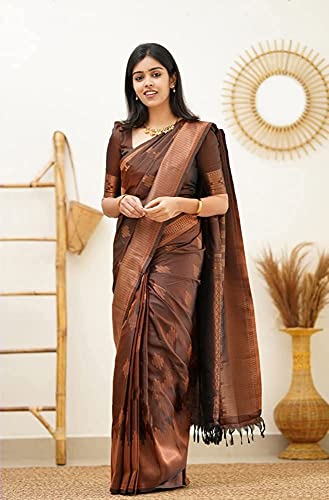 Image of C J Enterprise Women's Pure Banarasi Saree Kanjivaram Silk Sarees Soft Design Wear Pattu Sarees Party Cotton With Blouse Piece Kanchipuram For Wedding Sadi New 2024 2025 (GolaLine-51) (Brown)