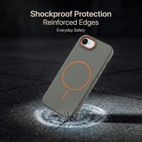 Image of amazon basics Luxury MagSafe Compatible Leather Texture Back Cover for iPhone 17E | Raised Camera Protection | Slim Fit Shockproof Case with Metallic Accents (Gray)
