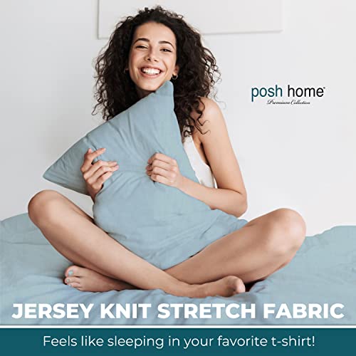 Posh Home Twin Size Jersey Knit Sheet Set, 3-Piece - Soft & Breathable All-Season Cotton Blend with Deep Pockets - Flat Sheet, Fitted Sheet & 1 Pillowcase - Sky Blue by Posh Home - Used condition - Image 2