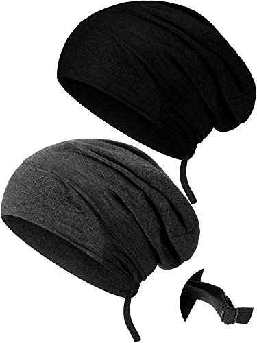 2 Pieces Satin Lined Sleep Cap Adjustable Slouchy Beanie Hat Sleeping Cap Night Skull Cap Slap Hat for Women Girls (Black, Dark Grey)