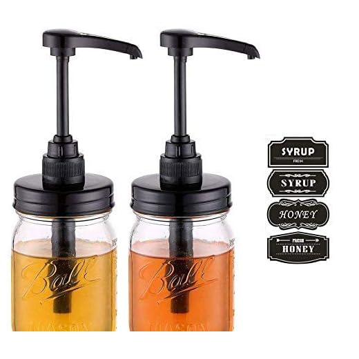 Elwiya Mason Jar Syrup & Honey Dispenser Pump Lids, Rust Proof, Plastic Dispenser Lid for 16 oz Regular Mason Jar Kitchen and Table Decor - 2 Pack