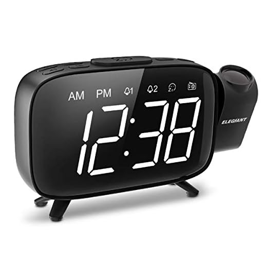 ELEGIANT Projection Alarm Clock, FM Radio Alarm Clock, 6.0'' LED Curved-Screen Display with Dimmer 180° Adjustable Dual Alarm, 12/24Hour, Battery Backup, 7 Alarm Sounds with USB Charger for Bedroom