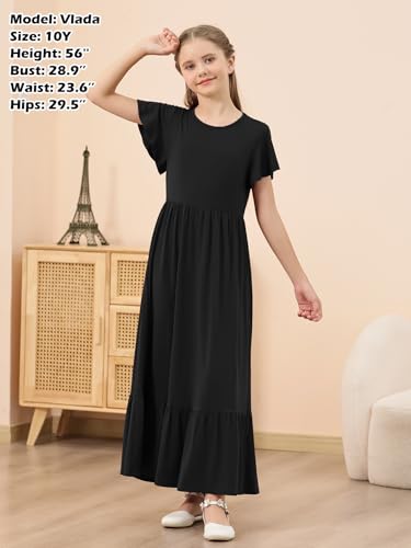 GORLYA Girls Flowy Short Sleeve Holiday Casual Loose Ruffle Hem Modest Long Maxi Dress for 6-14Y Kids4