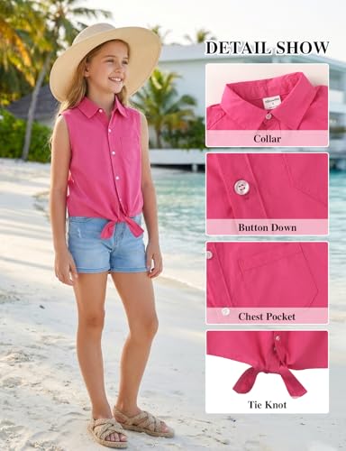 Image of Noomelfish Girls Sleeveless Button Down Shirt Tie Knot Blouse Western Cowgirl Outfit (5-12 Years)