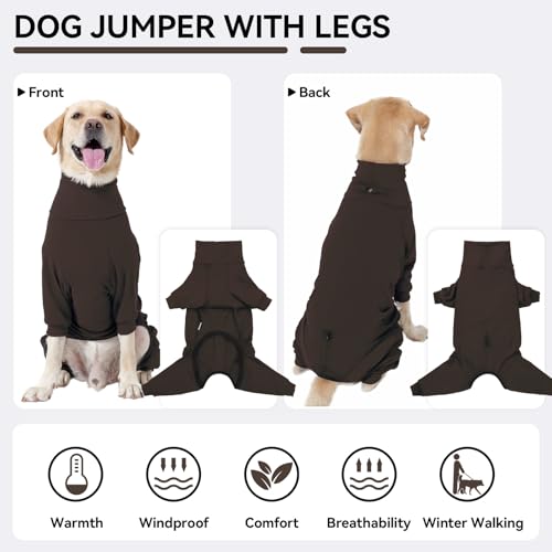 Hjyokuso Hundemantel Winter, Warmer Fleece Hundepullover mit Beinen, Weiche Vierbeinige Hundejacke für Kleine & Mittelgroße Hunde, Hundebademantel Fleece Hunde Pyjama Bekleidung Braun XL