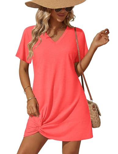 Ekouaer Womens Coverup Short Sleeve Swimsuit Cover Ups 2026 Summer Bathing Suit Cover Twisted Cover Up Dress (Coral Orange Large)