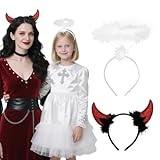 VOPIWOZ 2 Stück Teufelshörner und Engel Haarreif Set, Halloween Kopfschmuck Damen, Weiß Engel Heiligenschein, Halloween Accessoires für Engel und Teufel Kostüm Damen, für Karneval Mottoparty Cosplay