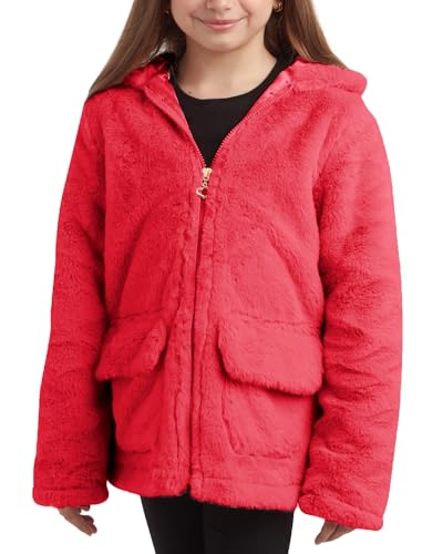 Image of URBAN REPUBLIC Girls Fur Coat - Long Sleeve Soft Plush Teddy Coat Faux Fur Jacket for Girls with Hood and Pockets, Size 14-16, Desert Rose