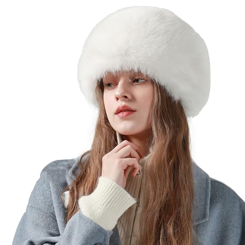 Fjquamitix Women's Plush Fur Hat, Winter Warm Fur Headband with Hood, Russian Style Long Pile Faux Fur for Daily＆Outdoor (UK, Alpha, One Size, White)