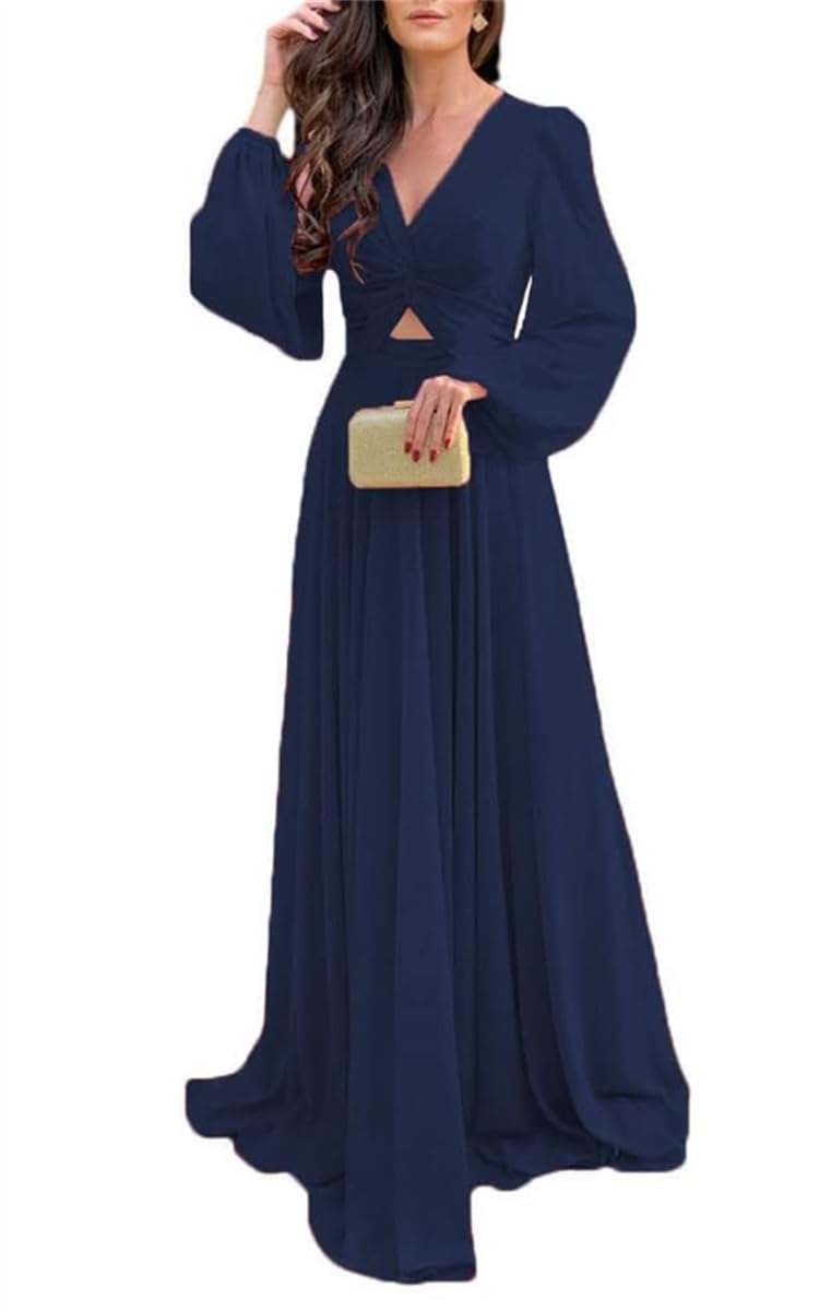 WSEYU Women's Bridesmaid Dresses with Pockets A-Line V Neck Sweep Train Formal Party Evening Gowns Navy Blue UK20