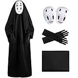 [Poseon Zes] カオナシ コスプレ 衣装 4点セット（ローブ+マスク2枚+手袋）厚手素材 顔全体カバー 男女兼用 仮装 学園祭 撮影 フェス ハロウィン お化け屋敷に最適 (大人【4点セット】, S)