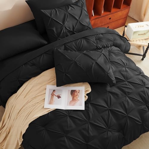 CozyLux King Size Comforter Set Black, 7 Pieces Pintuck Bed in A Bag Black Comforter King Size, Pinch Pleat Bedding Set with All Season Comforter, Sheets, Pillowcases & Shams