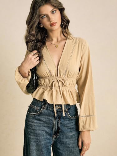 Image of Shasmi Women's Solid Deep V Neck Cotton Long Bishop Sleeve Drawstring Waist Ruffle Hem Peplum Top | Blouse | Casual Boho Cottagecore Shirt for Office, Vacation & Daily (Top 304)