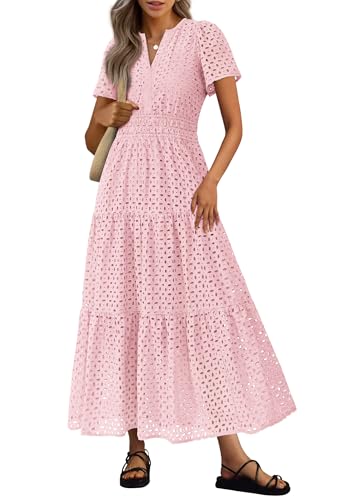 PRETTYGARDEN Womens 2025 Summer Maxi Dress Short Sleeve V Neck Hollow Out Eyelet A Line Long Flowy Beach Vacation Dresses (Pink,Large)
