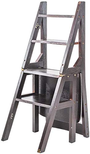 HOMRanger 4-Steps Stool Foldable Ladders Portable Household Wooden Stair Chair Library Multi-Purpose Stepladder Plant Racks-330 Lb Capacity (Color:Deep Walnut Color)