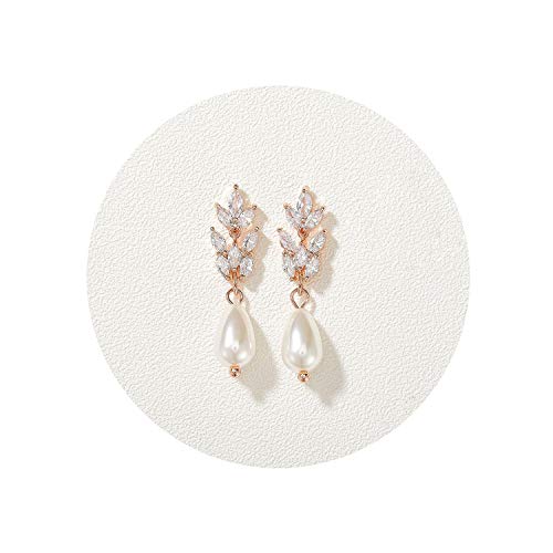 SWEETV Rose Gold Teardrop Pearl Wedding Bridal Earrings for Brides Birdesmaids, Pearl Drop Earrings for Women, Crystal Rhinestones Cubic Zirconia Earrings Dangling, Silver
