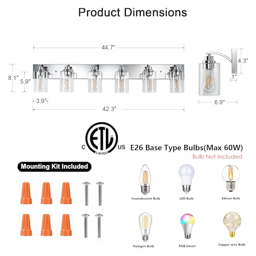Image of 6-Light Bathroom Light Fixtures Modern Chrome Vanity Lights | Easy to Install Clear Glass Shades, Wall Mount Up or Down, E26 Socket, Hardwired, 129V