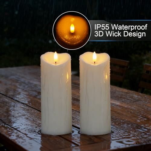 Image of Raycare 8 inchx3 inch Outdoor Waterproof Flameless Candles with Remote and Timer, Battery Operated LED Electric Fake Pillar Candle for Christmas Home Wedding Decor, Ivory White, Set of 2