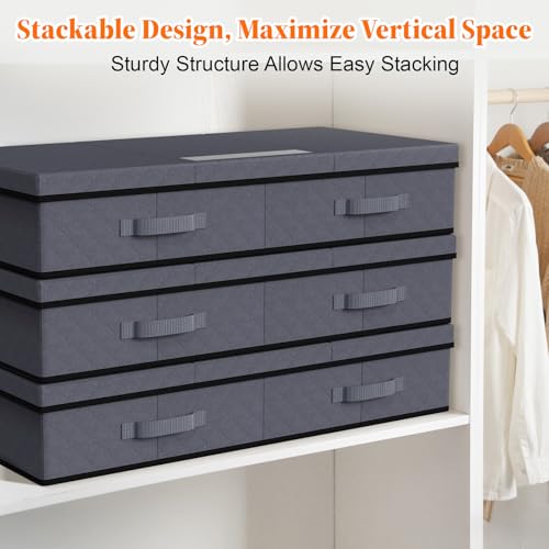 Image of StoreHappily Under Bed Storage Containers with Lids - 3 Pack, Foldable and Stackable Clothes Storage Bags with Clear Window, 3-Sided Handles and Label Slot for Clothing, Blankets, Pillows (Grey)