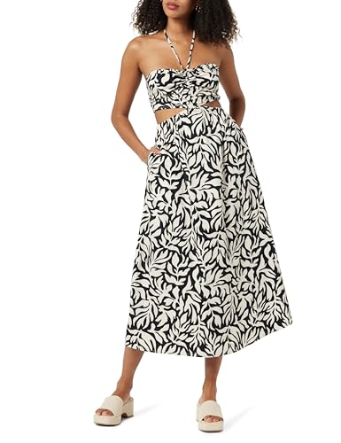 The Drop Brinda Baumwolle mit Ausschnitten und Neckholder Maxikleid, Schwarz/Hellrosa Blattdruck, XL