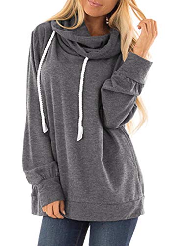 Malaven Womens Fall Warm Long Sleeve Fleece Cowl Neck Hooded Loose Casual Tunic Sweatshirts and Hoodies Pullover Tops T Shirts Blouses with Drawstring Grey US 12 14