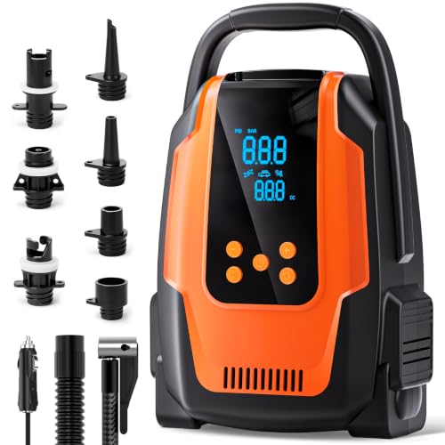 Paddle Board Electric Pump 50 PSI High Pressure SUP Pump with Auto-Off 12V DC Paddleboard Pump with Inflation & Deflation 8 Nozzles Air Pump for Paddle Board Inflatables Kayaks Car Tires Orange