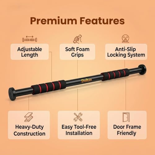 Image of DOLTAS Pull Up Bar for Home for Kids & Adults (100 kg Capacity) | Wall Mounted Pull Up Bar with Anti-Skid Foam Grip | No-Drill Installation | Heavy Duty Home Gym Equipment for Strength Training & Home Workout | BLACK & RED