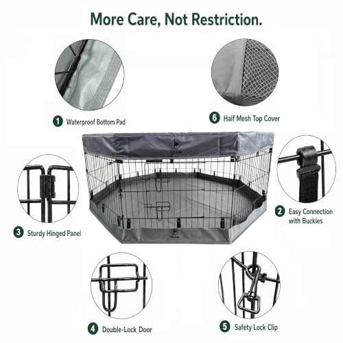 Image of PJYuCien Puppy Playpen with Top Cover & Bottom Pad, 8 Panels 30 inch H, Gray | 24 inchW, Small Pet Safe Sanctuary, Foldable Octagonal Pen, Versatile, Indoor & Outdoor, Backyard Pasture, Protects Floors