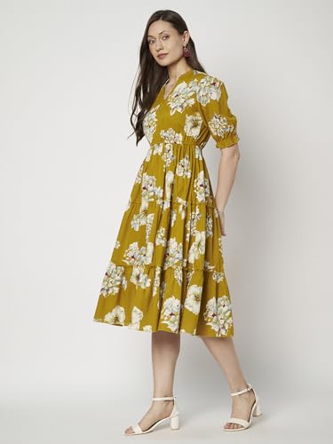 Image of PIDAVLIYA'S Women's Floral Summer Maxi Dress I Cotton Printed I One Piece Bodycon Midi Dress with V-Neck, Puffed Sleeves
