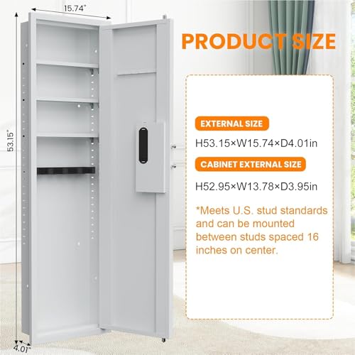 Image of 53.15 inch Wall Safe Between the Studs, Biometric Fingerprint Hidden Safe with Dual Alarm System and Silent Mode, Wall Gun Safe with 3 Adjustable Shelves and Magnetic Slot (White-Fingerprint)