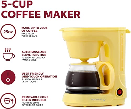 Holstein Housewares - 5-Cup Compact Coffee Maker, Yellow - Convenient And User Friendly With Auto Pause And Serve Functions #TOP1