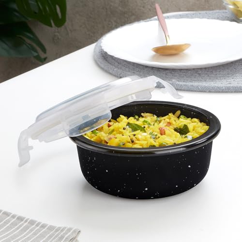 Image of Borosil 400 ml Pebble Black Food Storage Container with Air Tight Lid | Round Shape Borosilicate Glass Organiser | Microwave & Dishwasher Safe | For Fridge, Kitchen Storage